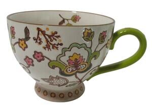Dutch Wax Ceramic Footed White & Green Floral Coffee / Tea Mug 14Oz.
